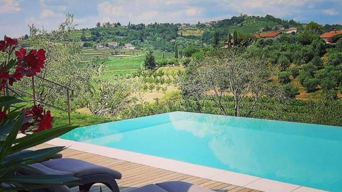 Ein Infinity-Pool mit Blick auf einen Weinberg