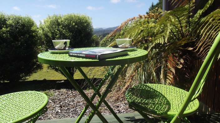 Ein grüner Tisch mit einem Buch und zwei Tassen Kaffee darauf