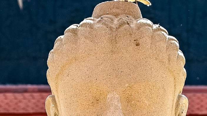 Ein Vogel sitzt auf dem Kopf einer buddhistischen Statue