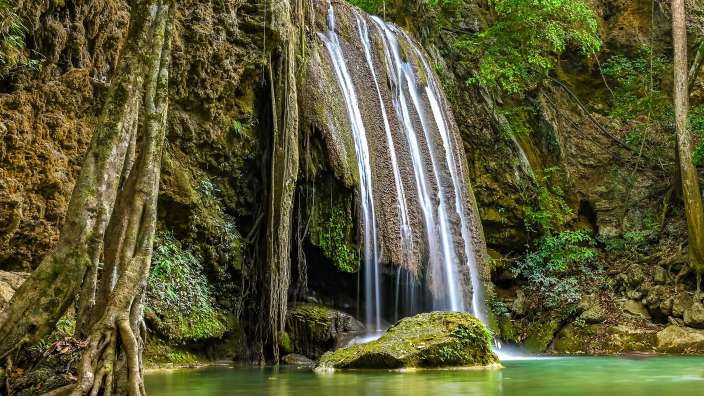 Ein Wasserfall inmitten eines grünen Waldes