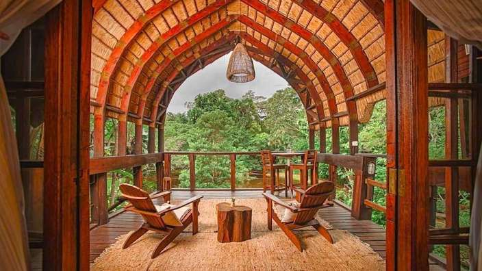 Ein Raum mit Stühlen und einem Tisch mit Blick auf den Dschungel