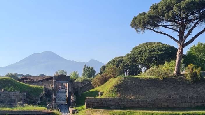 Pompeij Eine Gruppe von Menschen steht in einem Park mit einem Berg im Hintergrund