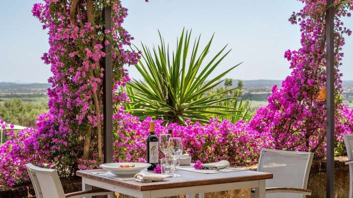 Ein Tisch mit einer Flasche Wein und einem Teller mit Essen darauf