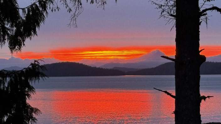 Ein Sonnenuntergang über einem See mit Bäumen im Vordergrund