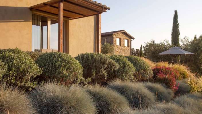 Ein Haus mit vielen Bäumen und einem Regenschirm davor