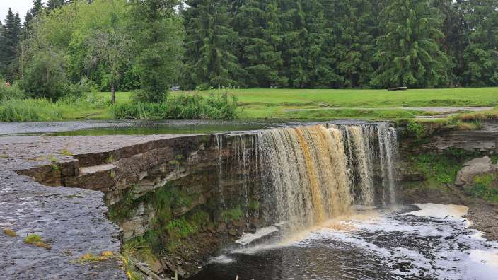 Ein Wasserfall in einem Park mit Bäumen im Hintergrund