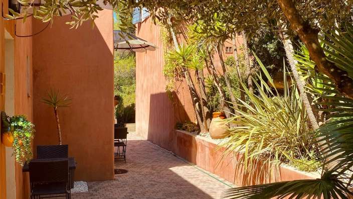 Ein natürlicher Garten mit Bäumen und Stühlen in der Nähe einer roten Wand