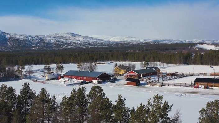 Eine Gruppe von Häusern steht in einem schneebedeckten Feld