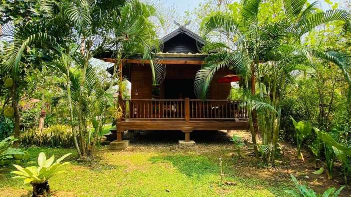 Ein kleines Holzhaus mit einer Veranda umgeben von Palmen