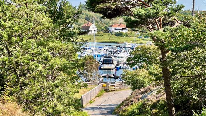 Eine Straße führt zu einem Hafen mit vielen Booten