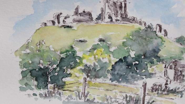 Eine Aquarellzeichnung einer Burg auf einem Hügel