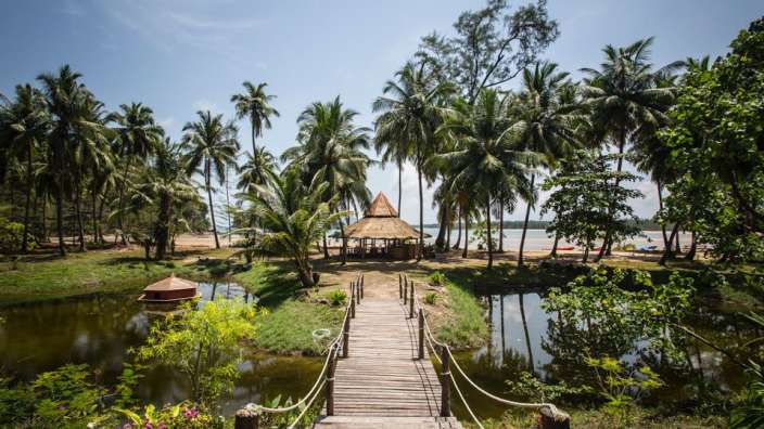 Eine Holzbrücke führt über einen Teich zum Strand