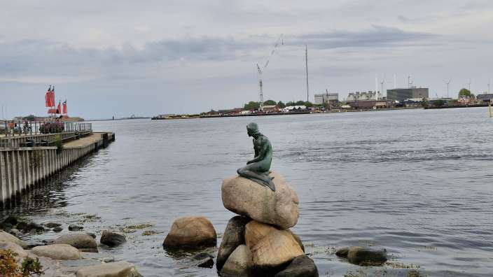 Eine kleine Meerjungfrau sitzt auf einem Felsen im Wasser