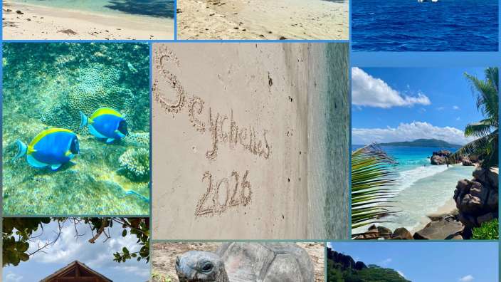 Eine Collage zeigt verschiedene Ansichten von Seychellen, darunter Strände, Felsen, das Meer, Fische, einen Schildkröte, eine Yacht und eine Hütte.