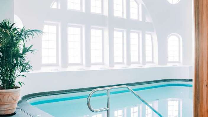 Ein heller Innenpool mit einer großen Glasfront und einem großen Topf mit einer grünen Pflanze im Vordergrund.