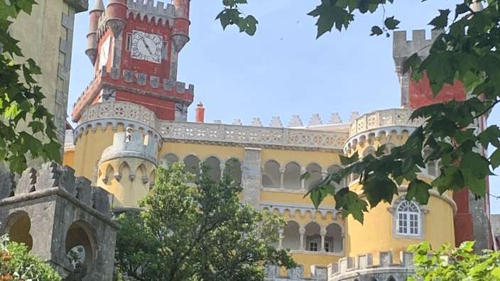 Ein farbenfrohes Schloss mit Türmen und Bögen ist durch grüne Blätter teilweise verdeckt.
