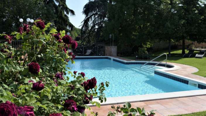 Ein großer Swimmingpool umgeben von Blumen und Bäumen