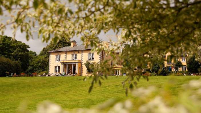 Ein großes Haus sitzt auf einer grünen Wiese