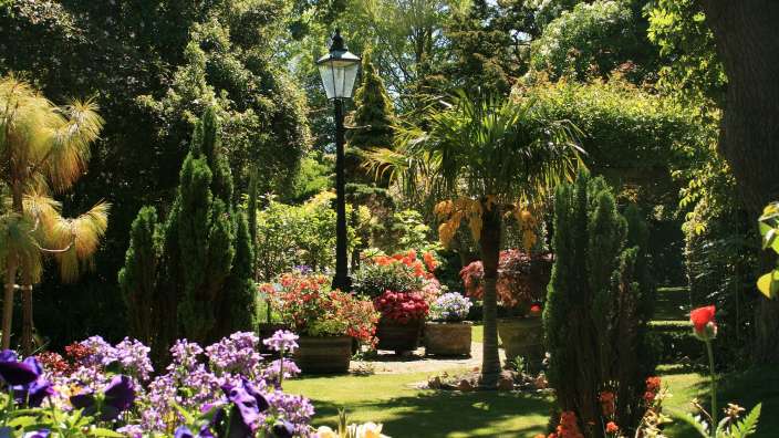 Ein Garten mit lila und orangefarbenen Blumen und einer Laterne