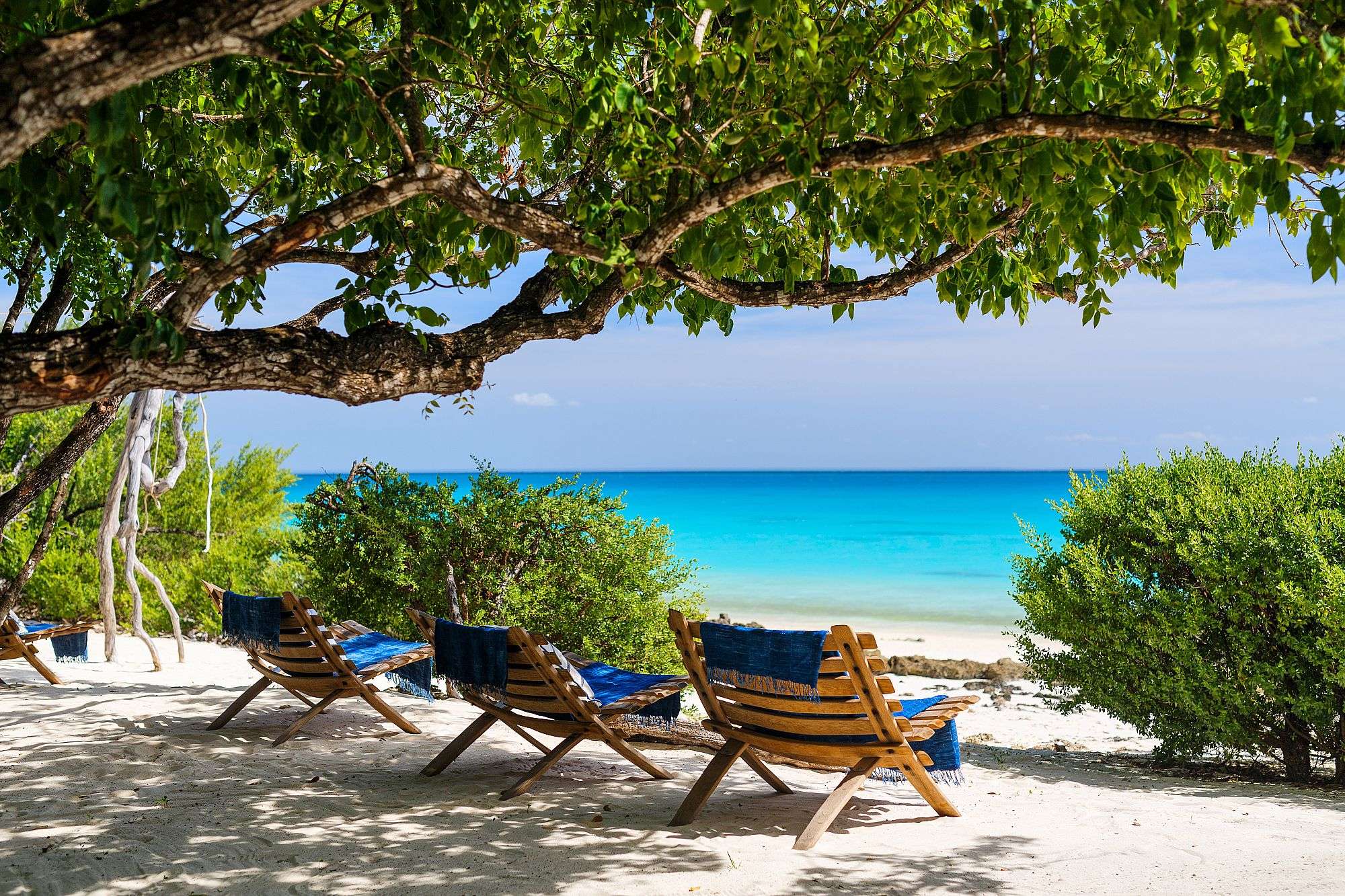 Liegestühle am Strand mit Blick auf den Ozean