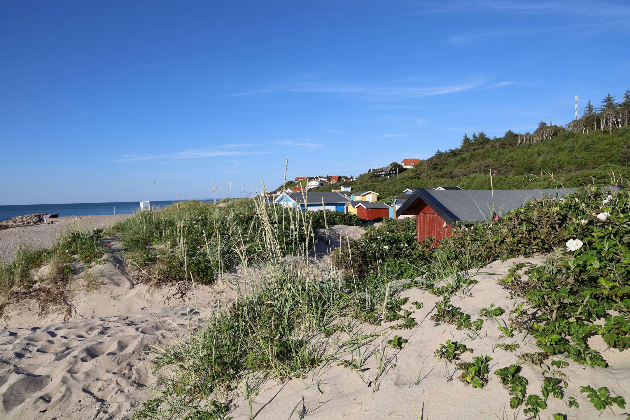 Ein Strand mit bunten Hütten im Hintergrund